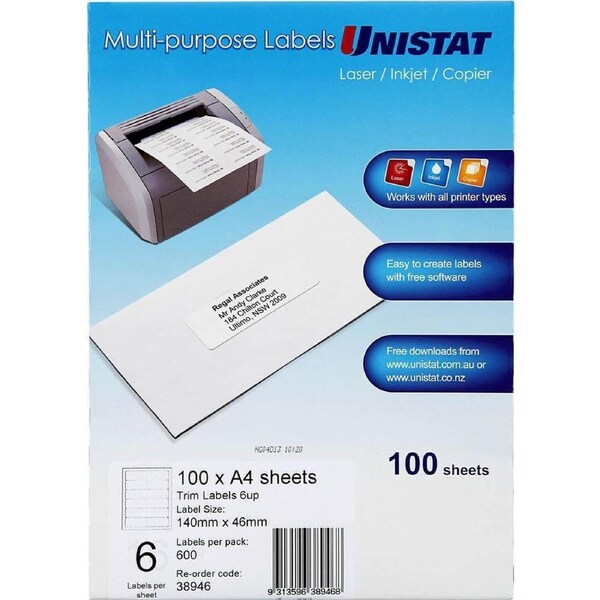 Unistat 38946 Trim Label A4 6up Pack 100