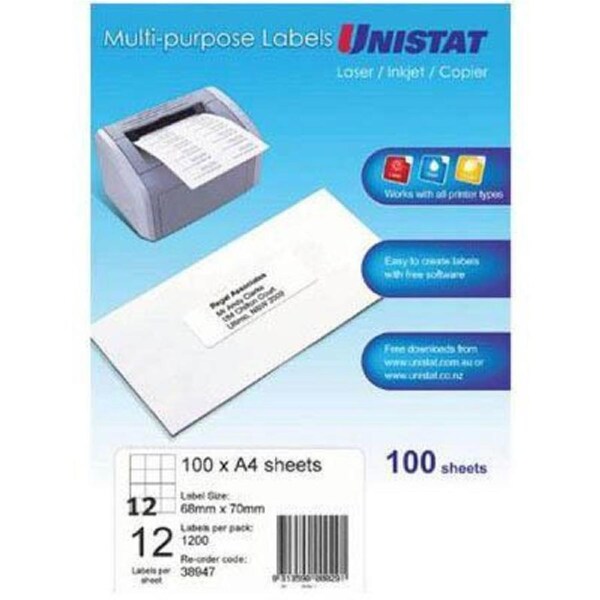 Unistat 38947 Multi-Purpose Label 12up 68×70mm White Pack 100