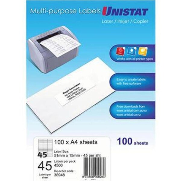 Unistat 38948 Multi-Purpose Label 45up 51×15mm White Pack 100