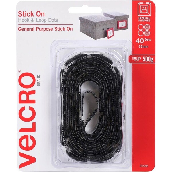 Velcro Brand Stick On Hook And Loop Dots 22mm Black Pack 40