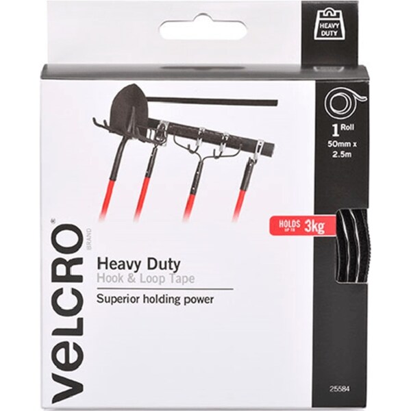 Velcro Brand Stick-On Heavy Duty Hook And Loop Tape Roll 50mmx2.5m Black