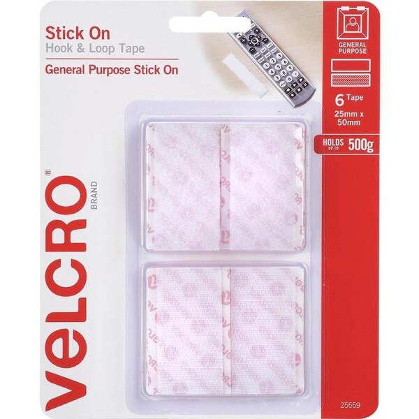 Velcro Brand Stick-On Hook And Loop Rectangles 25 X 50Mm White Pack 6