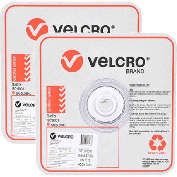 Velcro Brand Stick-On Hook And Loop Tape Roll Set 25mmx25m White