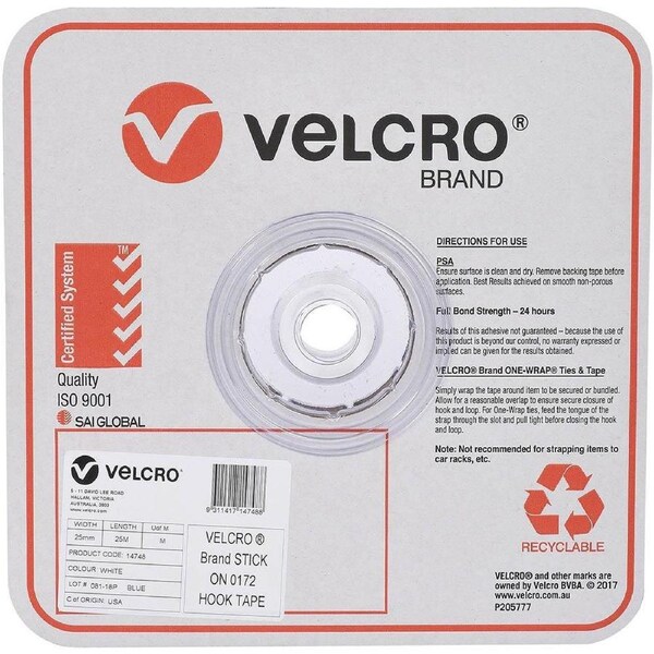 Velcro Brand Stick-On Hook Only Tape Roll 25mmx25m White