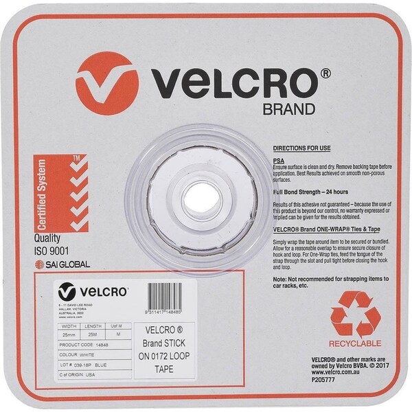 Velcro Brand Stick-On Loop Only Tape Roll 25mmx25m White