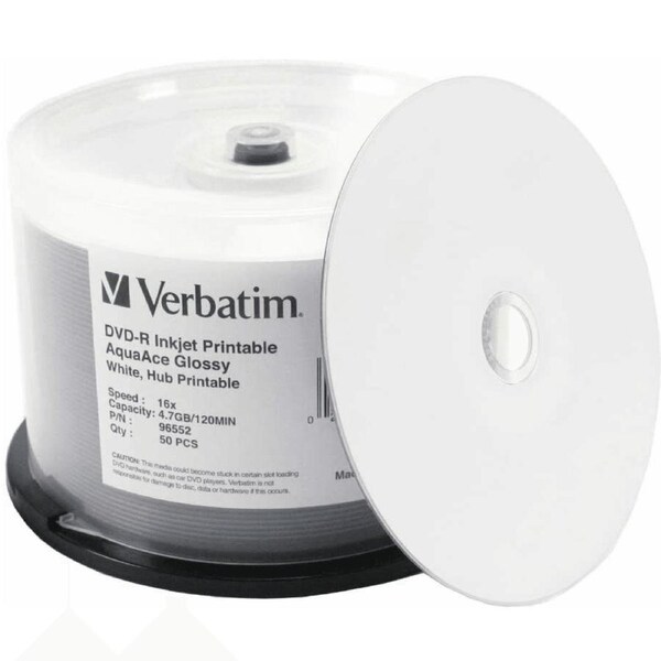Verbatim CD DVD Glossy White AquaAce Printable DVD-R 16X 4.7GB Pack 50