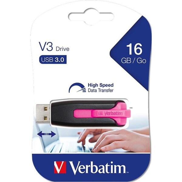Verbatim Store N Go V3 3.0 Retractable USB Stick Drive Pink 16GB High Speed