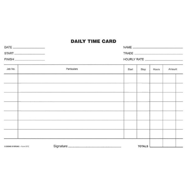 Zions Daily Time Cards DTC Card Employee Tasks Tracking 250 Pack