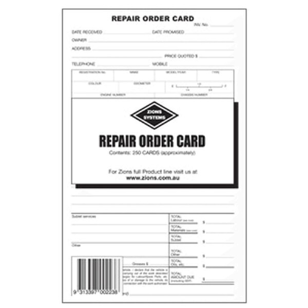 Zions Repair Order Cards ROC 250 Pack Card Mechanic Auto Body Automotive