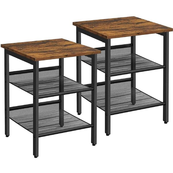 Industrial Set of 2 Bedside Tables with Adjustable Mesh Shelves, Rustic Brown and Black