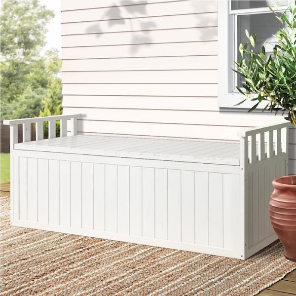 200L Gardeon Outdoor Storage Bench Box 129cm Wooden Garden Toy Chest Sheds Patio Furniture XL White