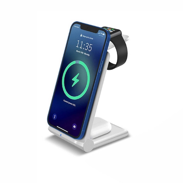 For Apple Watch iPhone 13 12 11 XS Foldable Wireless 3 In 1 Charging Dock Station - White