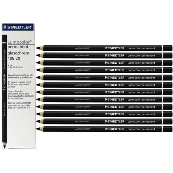 Staedtler 108 Lumocolor Permanent Glasochrom Pencils Black Box 12
