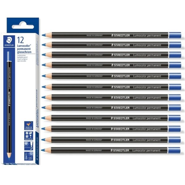 Staedtler 108 Lumocolor Permanent Glasochrom Pencils Blue Box 12