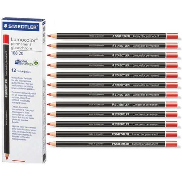 Staedtler 108 Lumocolor Permanent Glasochrom Pencils Red Box 12