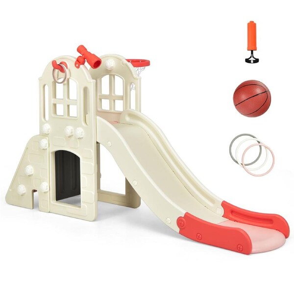 Costway Slide Sets Climber Tunnel House Indoor Play Center Home w/Basketball Hoop Pink