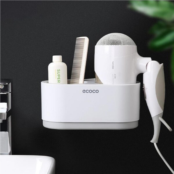 Ecoco Hair Dryer Rack Bathroom Storage Wall-mounted Multi-function Shelf Grey