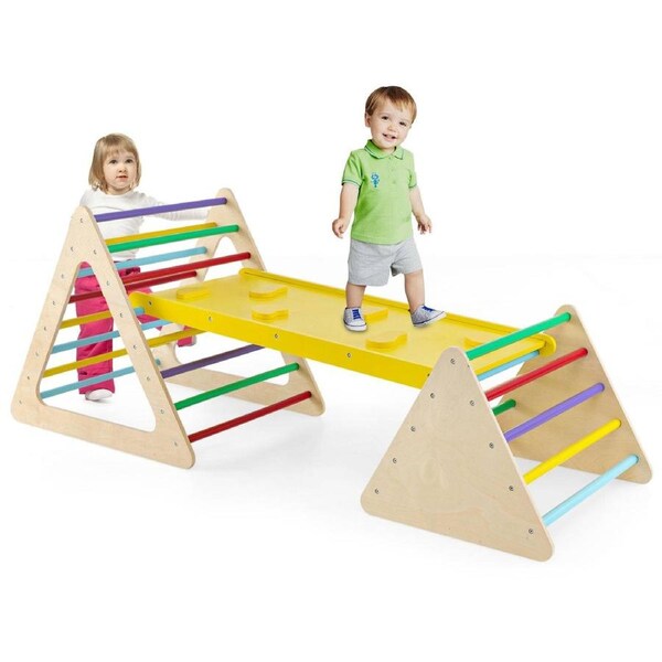 Costway Climb Playset 3 in 1 Climbing Frame Arch Ladder Set w/Ramp Climb Board 2 Triangle Climbers Daycare Gifts