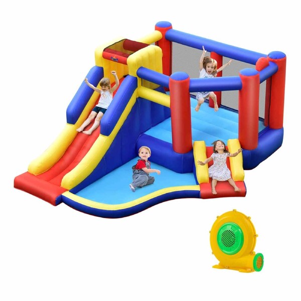 Costway Inflatable Jumping Castle Water Park Dual Slide Climbing Wall Splash Pool w/Blower