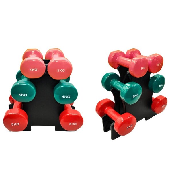 3 Pairs PVC Dumbbell Set Weight - 3kg + 4kg + 5kg - Total 24kg With 1 Free Rack
