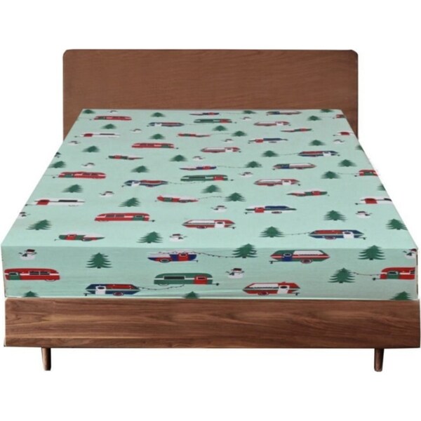 Queen Luxury 100% Cotton Flannelette Fitted Bed Sheet Flannel - Trees/Caravan