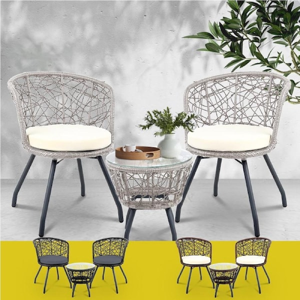 Gardeon Outdoor Chairs Table Wicker Bistro Set 3pcs Rattan Patio Garden Black