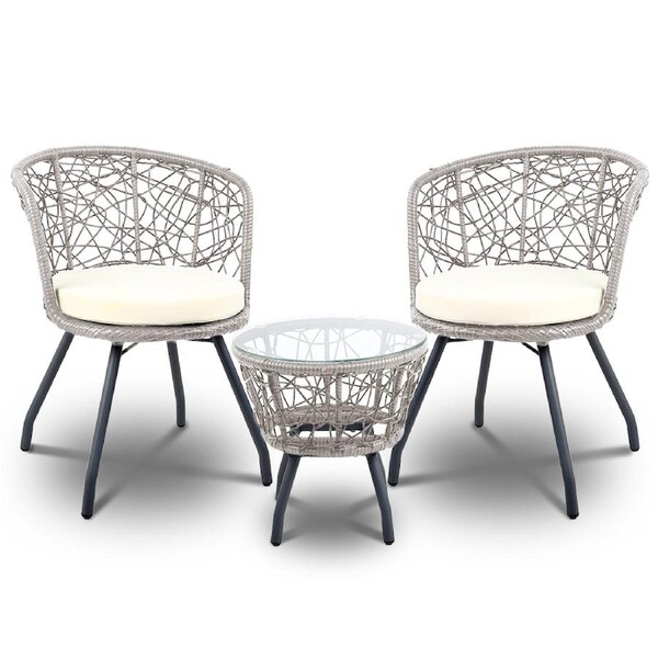 Gardeon Outdoor Chairs Table Wicker Bistro Set 3pcs Rattan Patio Garden Grey
