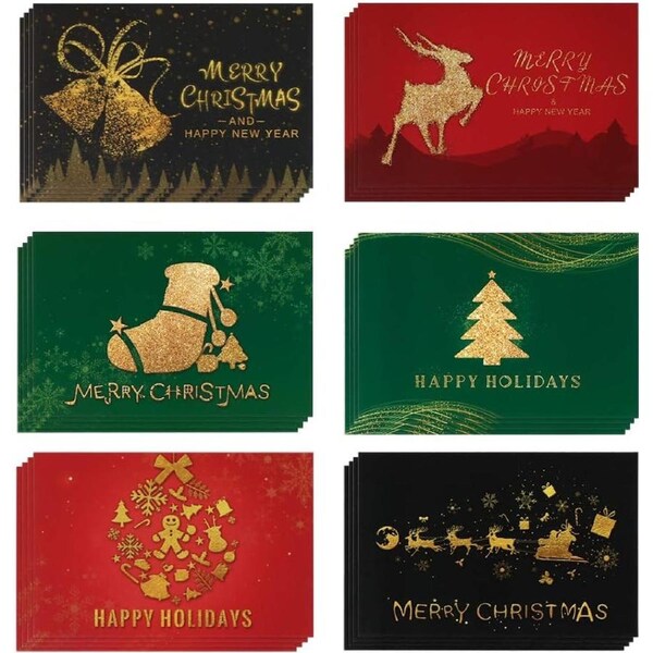 24pcs Premium Christmas Cards Xmas Cards 6 Styles Bulk Mixed Card Pack With Envelopes and Stickers - Gold