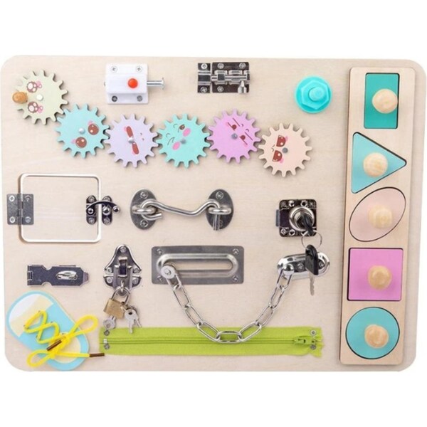 Wooden Sensory Board Montessori Basic Skills Activity Board for Kids Portable Locks Latches Board Children Preschool Learning Activities Busy Board