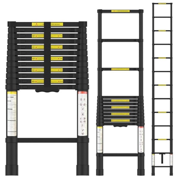Telescopic Ladder 3.8m Portable Extension Aluminum Telescoping Ladder for Household and Outdoor Working Black