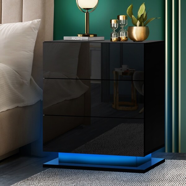 Oikiture Bedside Table RGB LED Nightstand Cabinet 3 Drawers Side Table Furniture Black