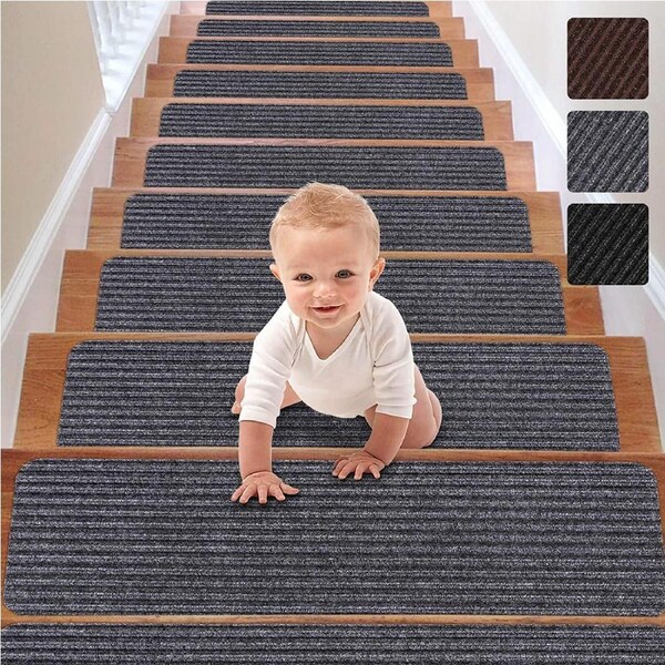 Stair Treads Carpet Non-Slip Indoor Stair Runners for Wooden Steps, Stair Rugs for Kids and Dogs, Set of 15, 8" X 30", Grey