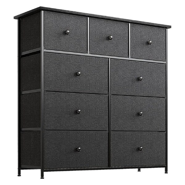 Wide Chest of 9 Drawers Tall Dresser Tallboy Black Console Table Bedroom Closet Organizer Storage Tower Unit Fabric Wood Top