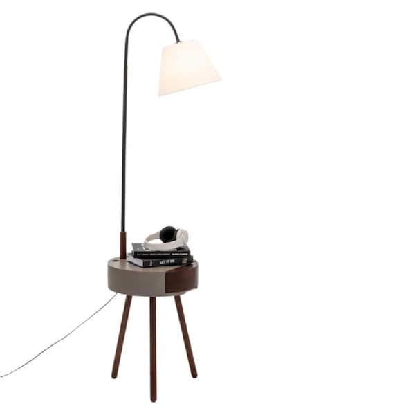 New Oriental Zoltan Rubberwood Floor Lamp On Side Table Linen Shade W/ USB Port Charging - Off White/Grey