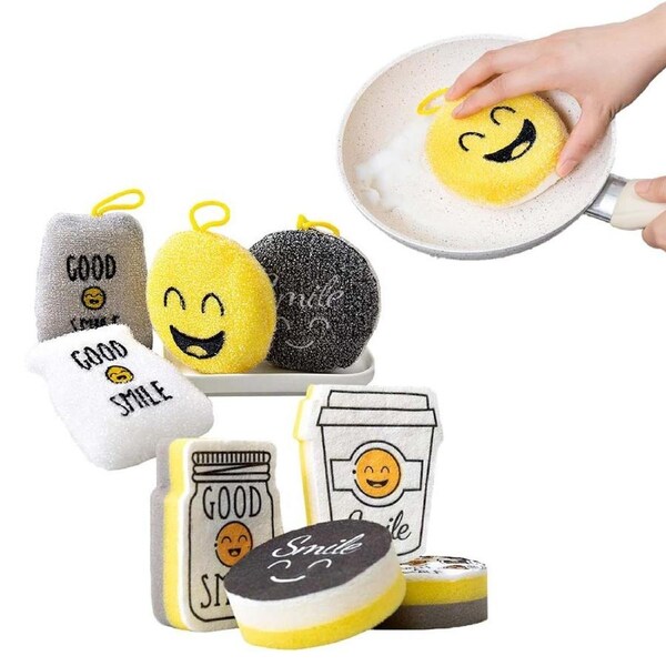 8 Pack Smiley Scrub Dishwashing Sponges Non-Scratch Kitchen Cleaning Sponges