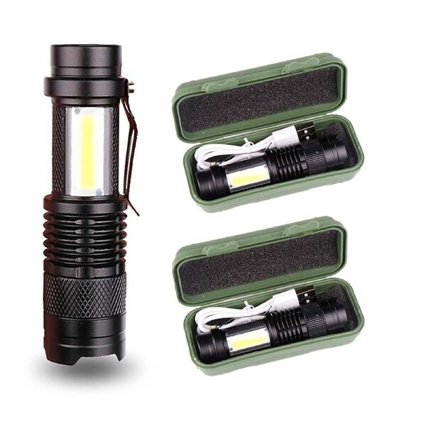 2 Pack Mini LED Flashlight Outdoor Rechargeable USB Zoom Torch COB Light