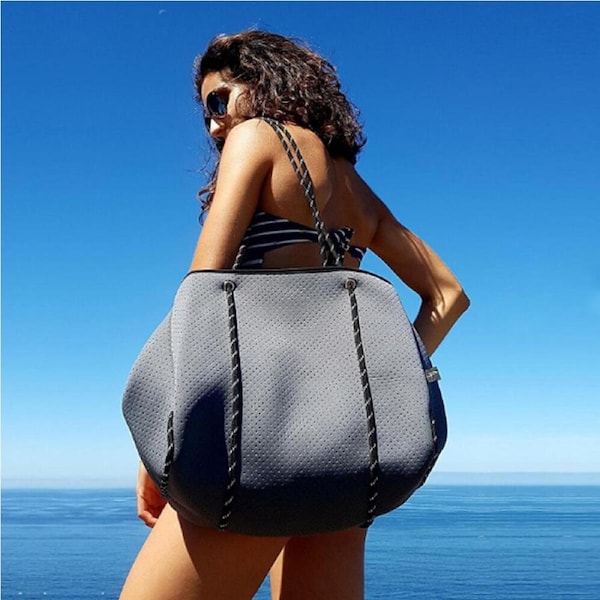 Summer Women Shoulder Bag Casual Neoprene Large Capacity Tote Bags with Inner Pouch-Gray