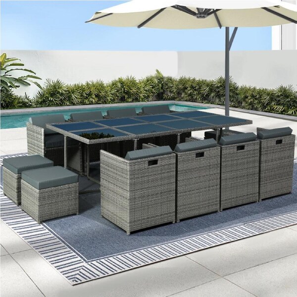 13 PCS Gardeon Outdoor Dining Set Wicker Table Chairs Setting Grey