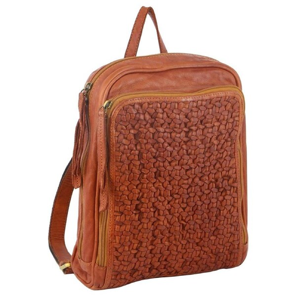 Pierre Cardin Woven Leather Ladies Backpack Bag Travel Satchel Zip - Cognac
