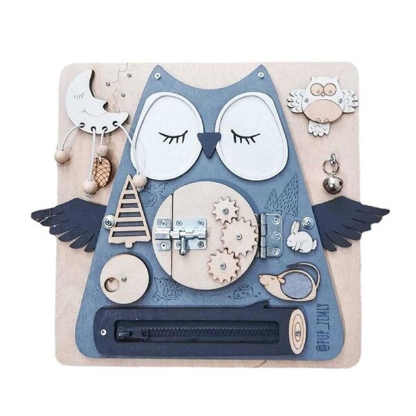Sleeping Owl Baby Early Education Busy Board Wooden Toy Montessori Toy Baby Sensory Activity Board