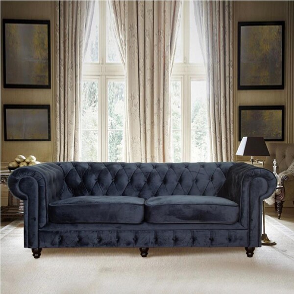 Cleo Chesterfield Styled Design 3 Seater Sofa Couch Velvet Navy Blue Color