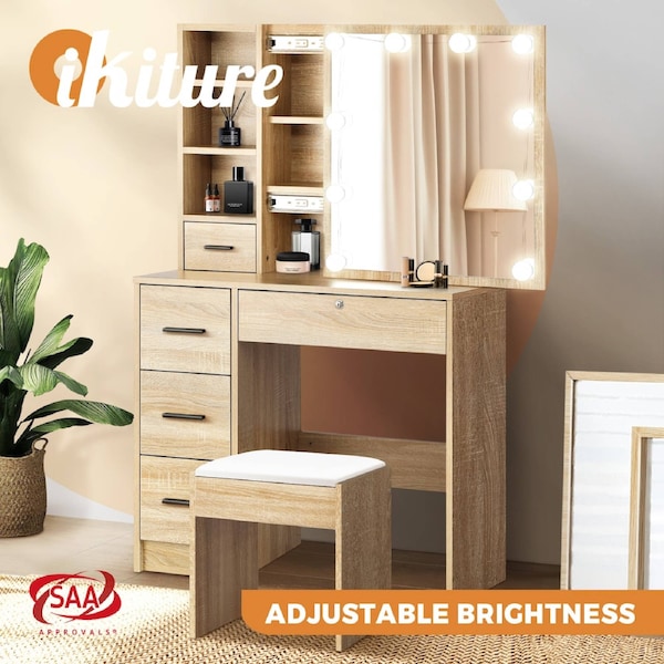 Oikiture Dressing Table Stool Set Makeup Slide Mirror Drawer 10 LED Bulbs Wooden