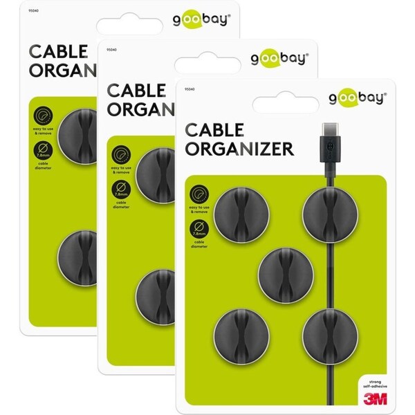 15x Goobay 1 Slot 1.88cm Adhesive Cable Organiser Round Cord/Wire Holder Black