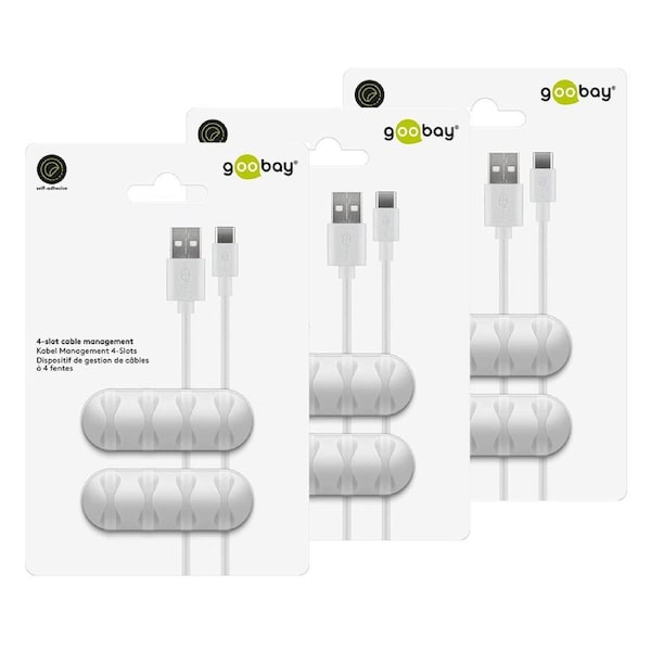 6x Goobay 4 Slots Adhesive Cable 6.4cm Organiser Cord/Wire Management White