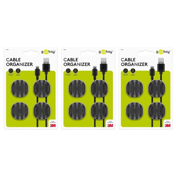 12x Goobay 3 Slots Cable Management 3.34cm Organiser Cord/Wire Holder Black