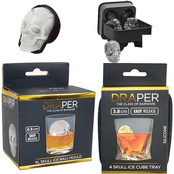 Ozoffer 1x Large Ice Cube Tray & 1x 4 Skull Ice Maker Set Silicone Mold Whiskey DIY Set