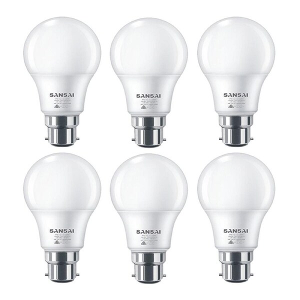 6x Sansai Home/Office LED 595lm Light Bulb A60 7W B22 Bayonet Cool White 6500K