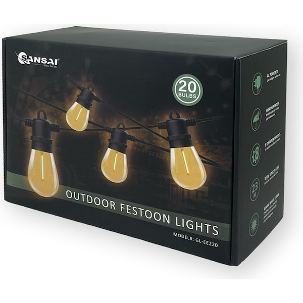 Sansai 20 Bulb LED 9W Festoon Warm White Outdoor Décor Festive String Lights 23m