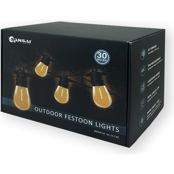 Sansai 30 Bulb LED 9W Festoon Warm White Outdoor Décor Festive String Lights 32m