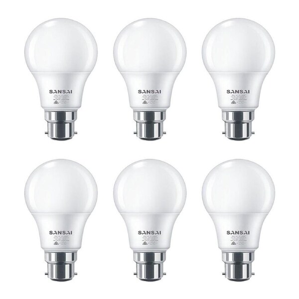 6x Sansai Home/Office LED 595lm Light Bulb A60 7W B22 Bayonet Warm White 3000K